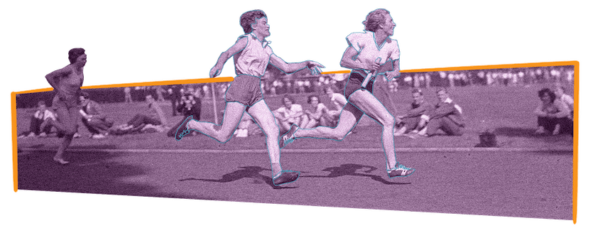 Two female relay racers running