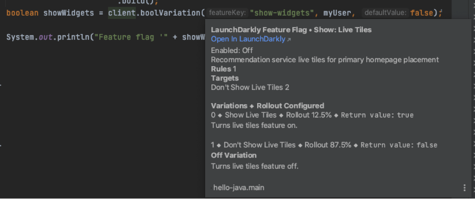 LaunchDarkly showing current state of feature flag in code editor