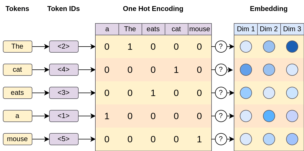 The document is tokenized and one-hot encoded producing a fixed-size matrix of vectors. These vectors are fed through a function that transforms them into embeddings, effectively reducing the dimensionality