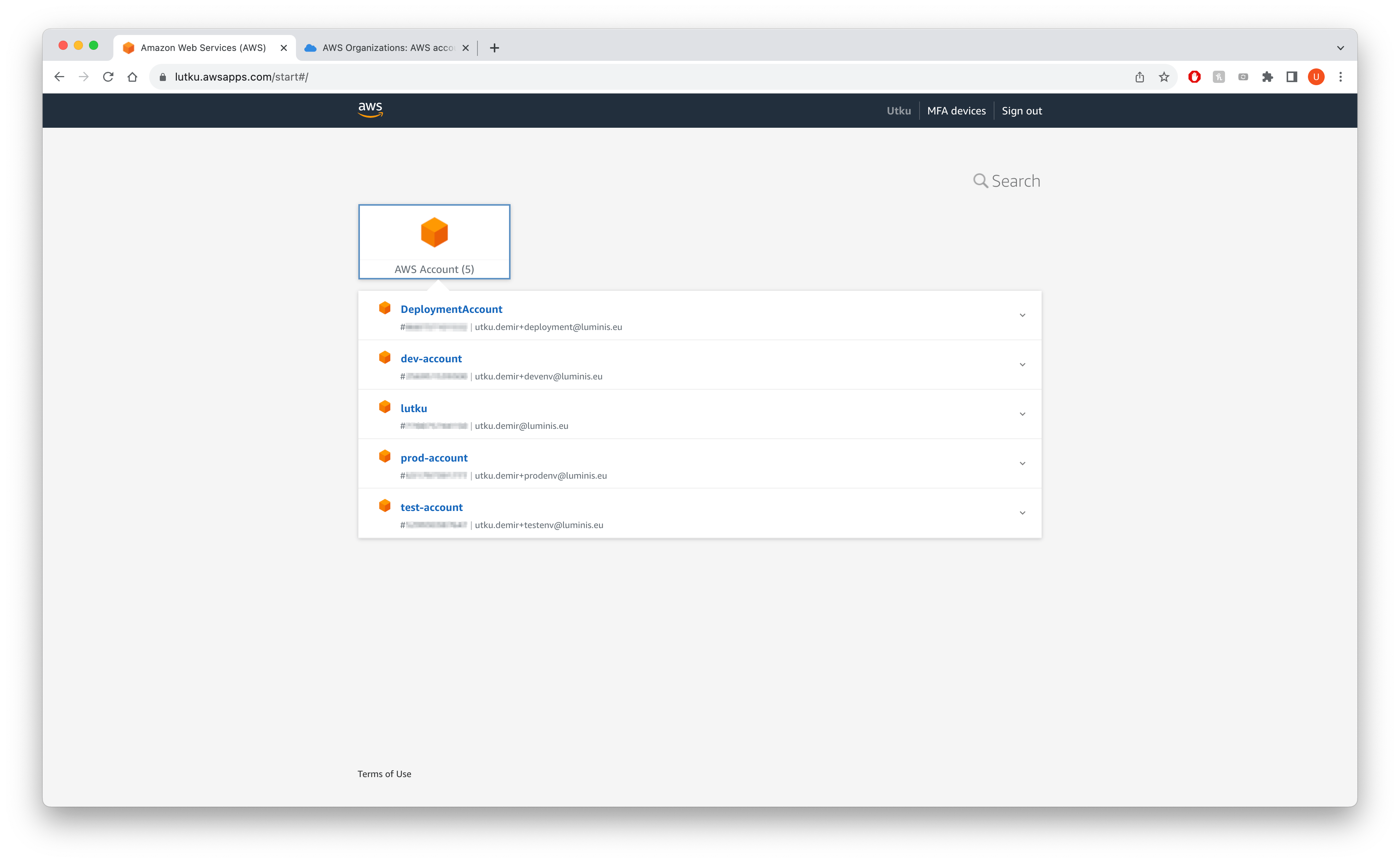 AWS Access Portal Accounts Page with multiple accounts
