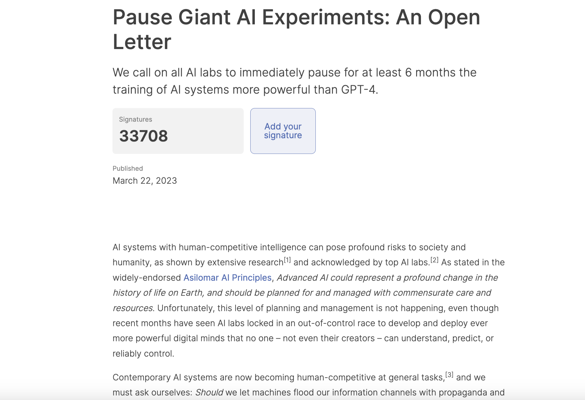 screenshot of open letter regarding AI ethics, signed my Elon Musk and others.