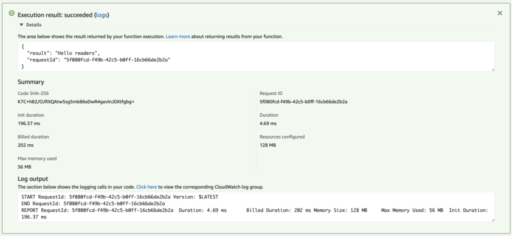 Screenshot of AWS Lambda Test