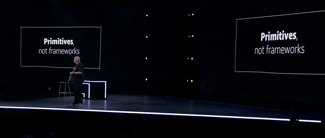 Werner Vogels on stage talking about primitives, not frameworks