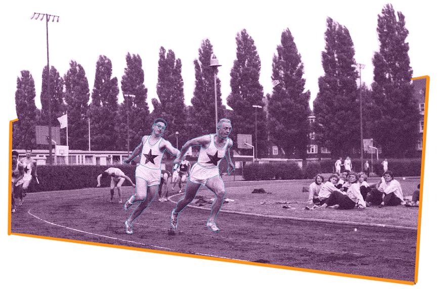 Two male relay racers running