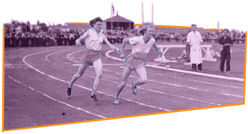 Two female relay racers running