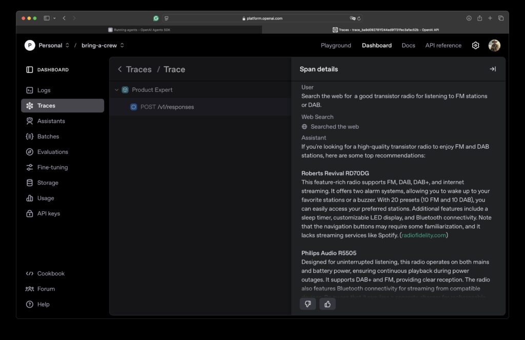 Shows a trace from the agent on the OpenAI platform dashboard