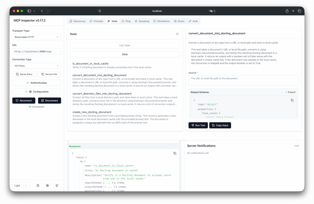 Shows the tools in the MCP Inspector.