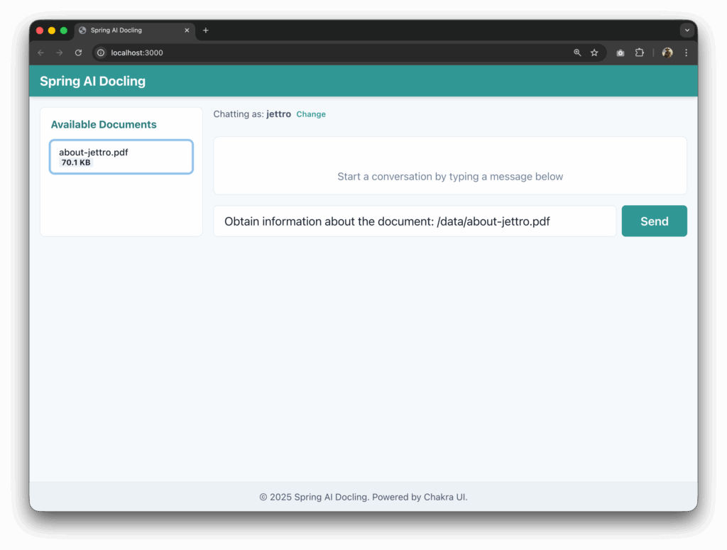 We clicked on the about‑jettro.pdf link and the input is prepared to parse the document.