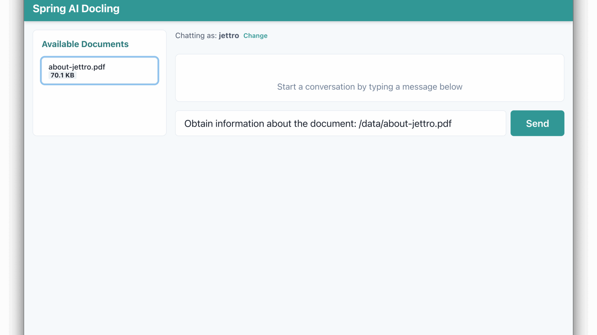 We clicked on the about‑jettro.pdf link and the input is prepared to parse the document.